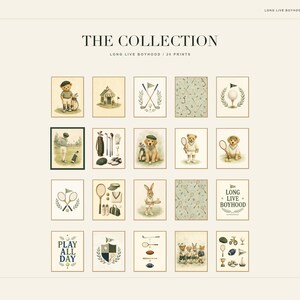 May include: A collection of twenty digital art prints titled THE COLLECTION LONG LIVE BOYHOOD. The grid displays illustrations of teddy bears, rabbits, and dogs engaged in sports like golf and tennis, alongside equipment, crests, and text graphics.