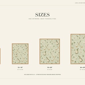 A digital slide displays four progressive sizes of the framed golf pattern art from 8x10 to 20x25 inches.