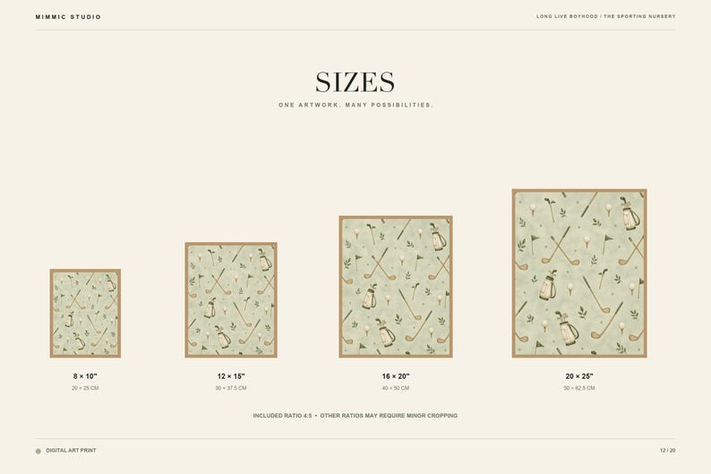 A digital slide displays four progressive sizes of the framed golf pattern art from 8x10 to 20x25 inches.