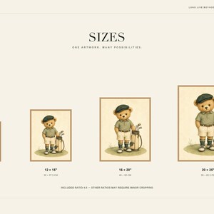 Promotional slide displaying four different print size options for the teddy bear golfer artwork.