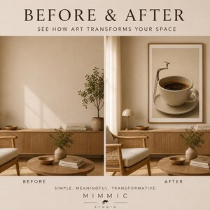 A before and after promotional graphic demonstrating room decor, showing a plain beige wall on the left and the same wall with the framed coffee diver art print on the right.
