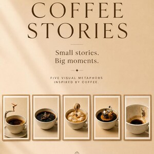 Promotional poster for Coffee Stories featuring five framed miniature coffee art prints under the headline Small stories. Big moments.