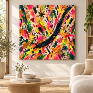 May include: A square canvas painting featuring a vibrant abstract composition with bold brushstrokes in neon pink, bright yellow, deep green, and orange. The artwork includes dark navy blue sweeping lines, small heart shapes, and star-like symbols.