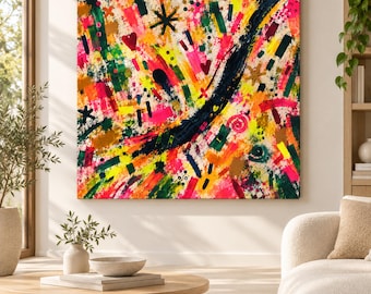 Wonder Neon Abstract Art, Fluorescent Wall Art, Bold Colorful Holiday Print, Maximalist Square Printable Download