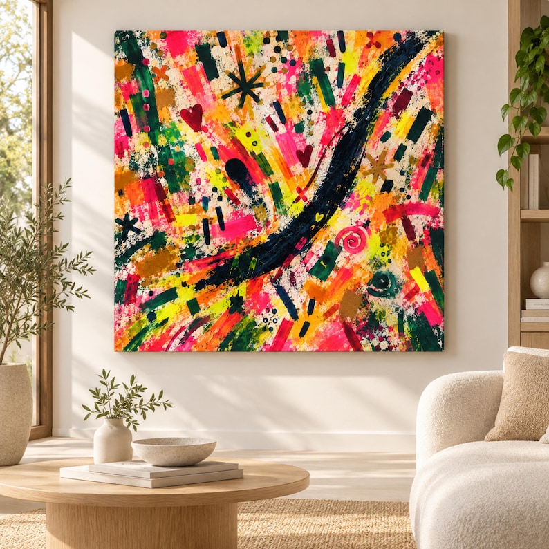 May include: A square canvas painting featuring a vibrant abstract composition with bold brushstrokes in neon pink, bright yellow, deep green, and orange. The artwork includes dark navy blue sweeping lines, small heart shapes, and star-like symbols.