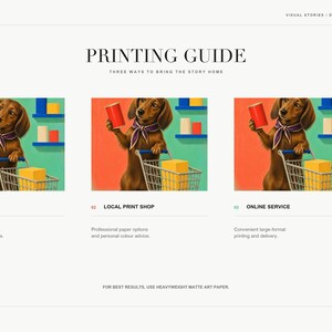 An informational slide with a printing guide detailing three options for bringing the art home labeled At Home, Local Print Shop, and Online Service.