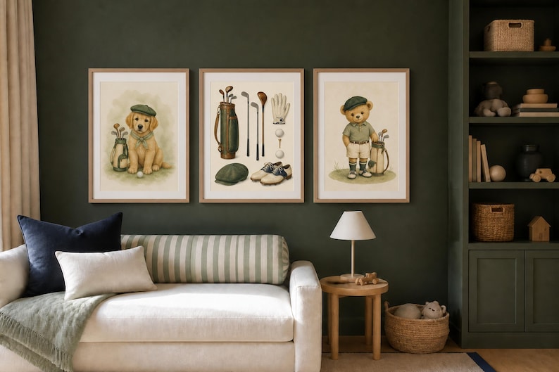 May include: Three framed wall art prints featuring golf-themed illustrations. The left print shows a golden retriever puppy with a golf bag, the center print displays golf equipment, and the right print depicts a teddy bear dressed in golf attire.