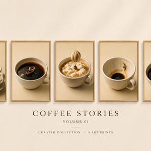 A horizontal collection of five framed prints titled Coffee Stories Volume 01, each depicting a different surreal miniature scene involving coffee cups.