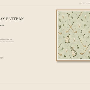 A digital graphic slide displays text about the golf day pattern artwork alongside a thumbnail image of the print.