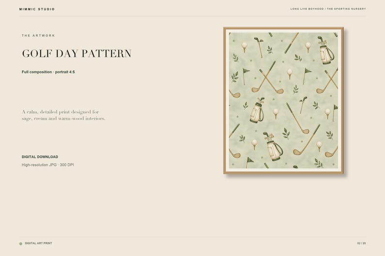 A digital graphic slide displays text about the golf day pattern artwork alongside a thumbnail image of the print.