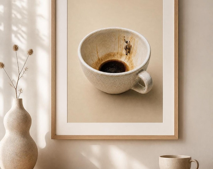 Whimsical Coffee Cup Climber Art Print, Last Sip Wall Art (Digital Download)