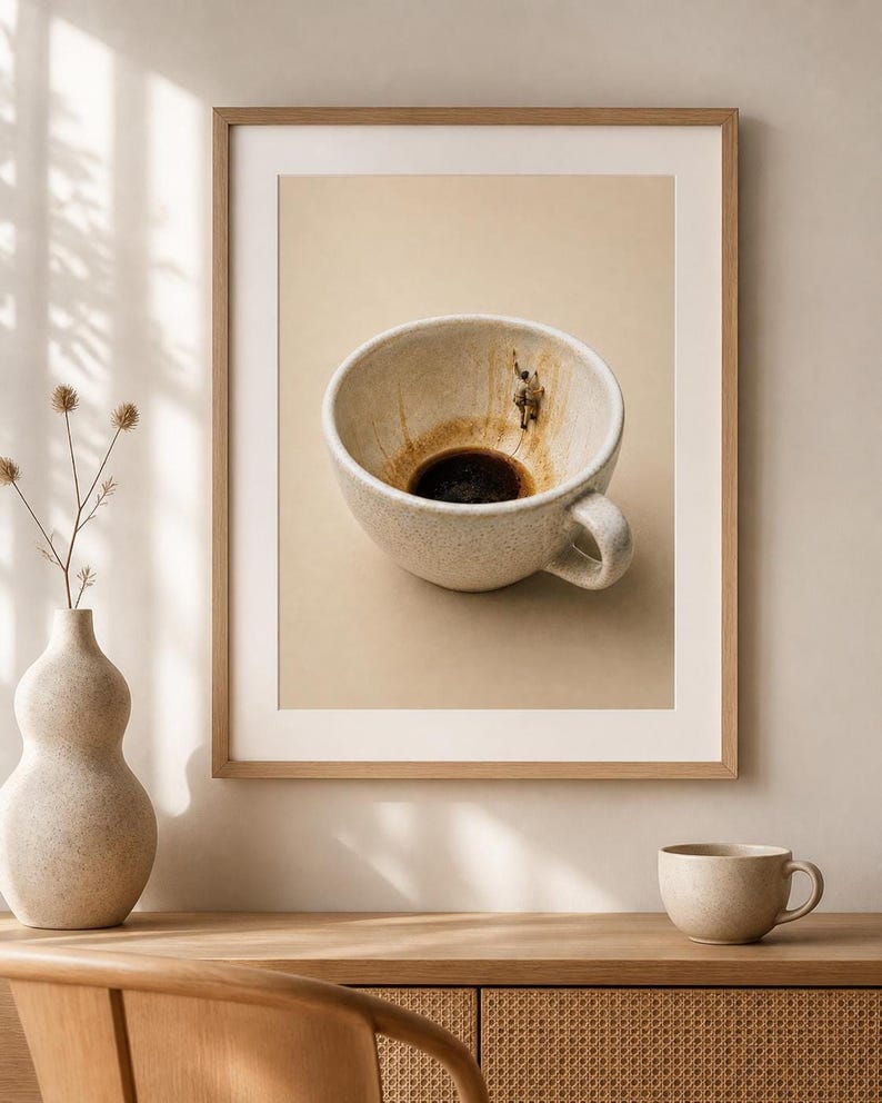 A framed art print of a coffee cup hangs above a wooden credenza with a ceramic vase and smaller cup.