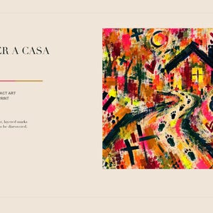 A digital slide showing a square abstract painting titled Volver a Casa on the right and product details on the left against a beige background.