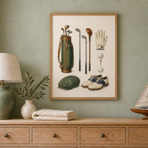 May include: A framed wall art print featuring a vintage golf theme. The illustration displays a dark green leather golf bag with clubs, a white golf glove, two golf balls on a tee, a green flat cap, and a pair of two-tone brown and white golf shoes.