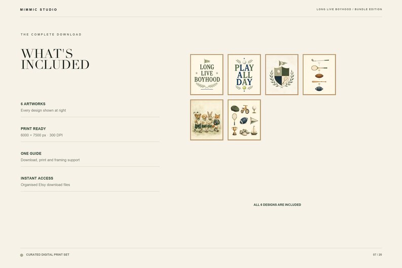 May include: A digital download set featuring six distinct artworks with a cream background. The designs include text such as LONG LIVE BOYHOOD and PLAY ALL DAY, a crest, sports equipment, a group of animals, and various vintage-style objects.