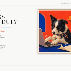 Slide titled Dogs Off Duty showcasing the Monday Meeting art print alongside text describing the collection.