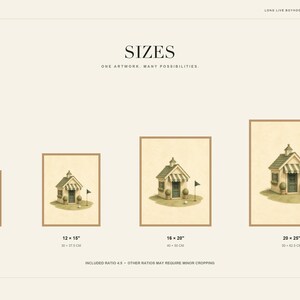 May include: A digital art print size guide featuring four framed illustrations of a small golf clubhouse. The text reads SIZES, ONE ARTWORK, MANY POSSIBILITIES, and lists dimensions in inches and cm: 8x10 (20x25 cm), 12x15 (30x37.5 cm), 16x20 (40x50 cm), and 20x25 (50x62.5 cm).