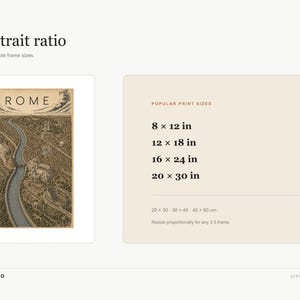 Peut inclure: Une impression d'art num&eacute;rique de Rome au format portrait 2:3. L'image pr&eacute;sente une illustration cartographique s&eacute;pia de la ville avec le texte ROME. Un tableau indique les tailles d'impression populaires en pouces et leurs &eacute;quivalents m&eacute;triques.