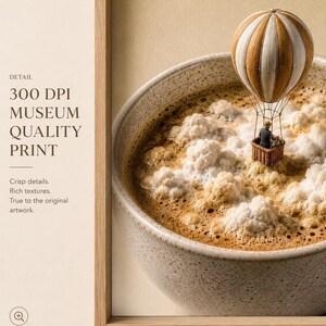 Detail view of the framed print highlighting 300 DPI museum quality text alongside a close-up of the coffee cup and hot air balloon.