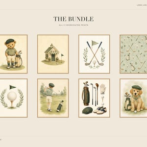 Eight coordinated digital watercolor prints with golf themes arranged in a two-by-four grid.
