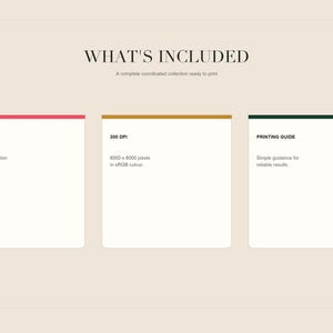 An informational graphic lists product inclusions like eight high resolution square JPG files, 300 DPI resolution, and a printing guide.