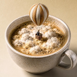 Close-up of a speckled ceramic coffee mug filled with frothy coffee resembling clouds, with a tiny hot air balloon floating above it.