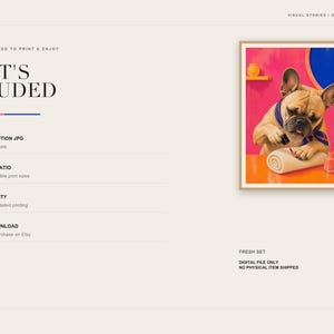 An informational slide titled What's Included detailing digital file specifications alongside the French bulldog print.