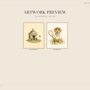 May include: A digital artwork preview featuring two framed illustrations titled THE LITTLE GOLF CLUB and LITTLE TENNIS CLUB. The first shows a small golf clubhouse on a green, and the second shows a puppy wearing a visor holding a tennis racket.