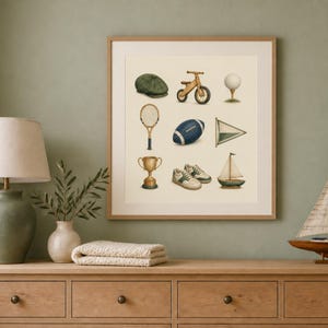 May include: A square framed wall art print featuring a grid of nine illustrations including a green flat cap, a wooden balance bike, a golf ball on a tee, a tennis racket, a blue football, a triangular flag, a gold trophy, sneakers, and a sailboat.