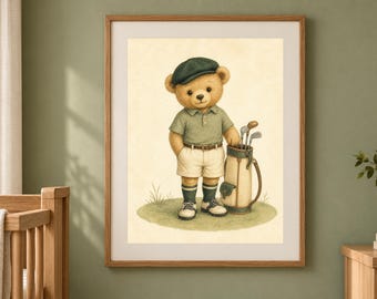 Golf Nursery Print, Teddy Bear Golfer Wall Art, Sage Green Preppy Baby Boy Decor, Printable Download