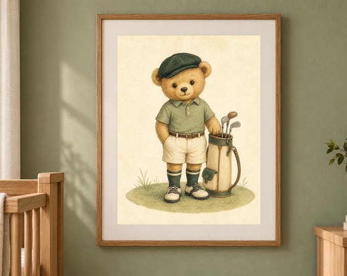 Golf Nursery Print with Bear, Sage Green Baby Boy Wall Art, Printable Download