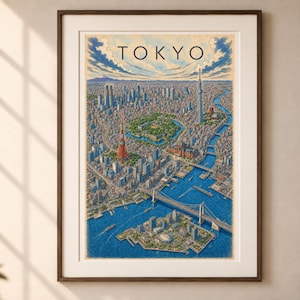 Tokyo Illustrated City Map, Vintage and Color Tokyo Travel Poster, Japan Wall Art, Printable Download image 1