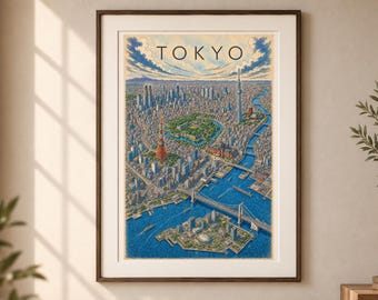 Geïllustreerde stadsplattegrond van Tokio, vintage en kleurrijke reisposter van Tokio, Japanse muurdecoratie, printbare download