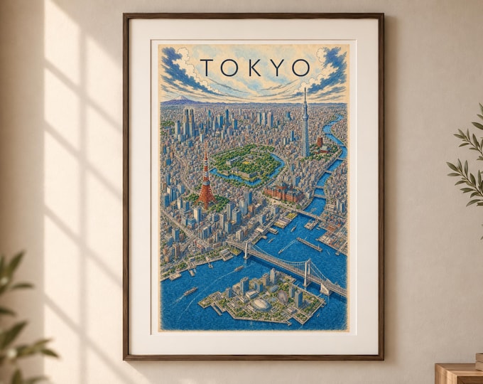 Tokyo Map Printable Wall Art, Vintage & Color Japan City Poster, Travel Decor, Digital Download