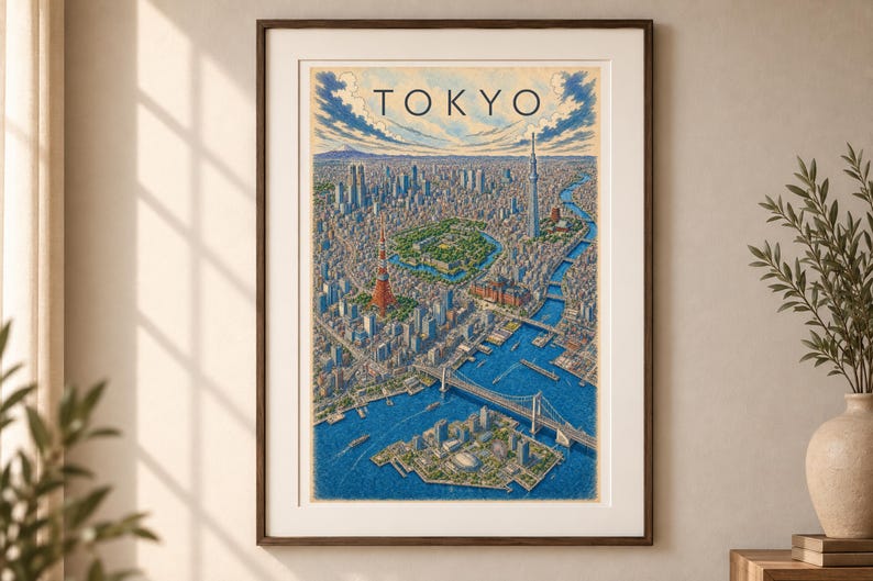 Tokyo Illustrated City Map, Vintage and Color Tokyo Travel Poster, Japan Wall Art, Printable Download image 1