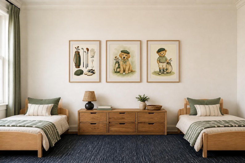 May include: Three framed wall art prints featuring golf-themed illustrations, including a set of golf clubs and accessories, a golden retriever puppy wearing a green cap, and a teddy bear dressed in golf attire, all displayed in a bedroom setting.