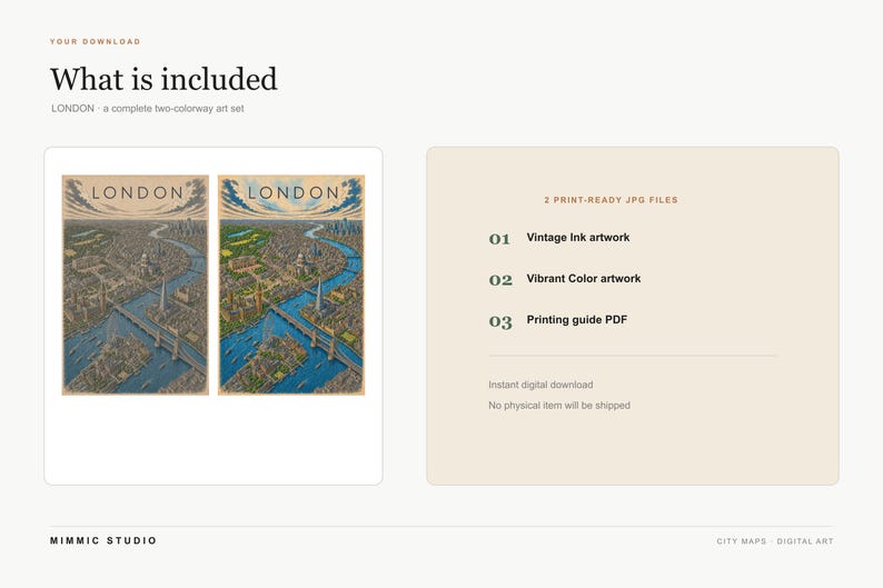 Pu&ograve; includere: Un download digitale per un'illustrazione della mappa di Londra. Il testo recita What is included, LONDON, 2 PRINT-READY JPG FILES, 01 Vintage Ink artwork, 02 Vibrant Color artwork, 03 Printing guide PDF. Sono mostrate due illustrazioni.