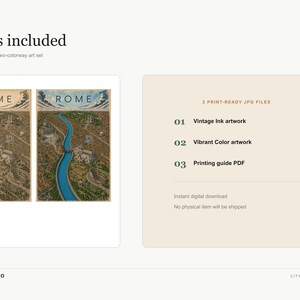 Peut inclure: Une fiche produit de t&eacute;l&eacute;chargement num&eacute;rique pour une carte artistique de Rome. L'image pr&eacute;sente deux versions de la carte, une en encre vintage et une en couleur vive, avec une liste des fichiers inclus : 2 fichiers JPG pr&ecirc;ts &agrave; imprimer et un PDF.