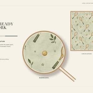 Listing slide showing a magnified detail circle over the watercolor texture of the tennis racket pattern artwork.