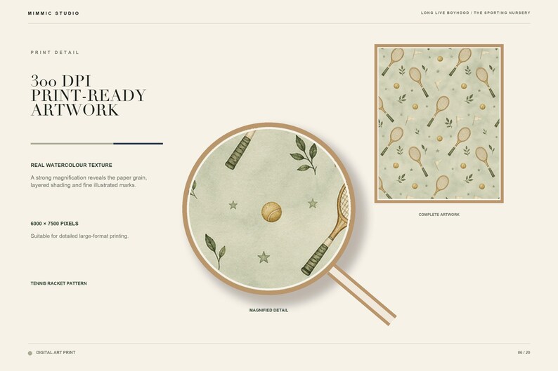 Listing slide showing a magnified detail circle over the watercolor texture of the tennis racket pattern artwork.