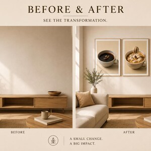 Before and after comparison graphic demonstrating how adding three framed coffee art prints transforms a blank living room wall.