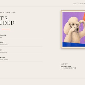 An information slide titled What's Included lists download details next to a framed print of the poodle at a salon.