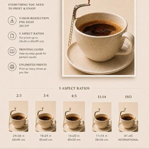 An informational sheet detailing digital download inclusions, aspect ratios, and printing instructions alongside an image of the coffee art print.