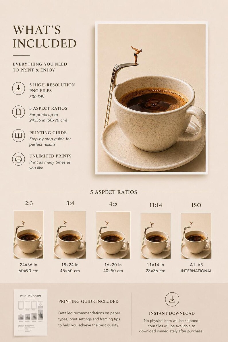 An informational sheet detailing digital download inclusions, aspect ratios, and printing instructions alongside an image of the coffee art print.