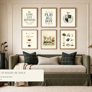 May include: A set of six framed wall art prints featuring sports-themed illustrations, including a shield crest, a group of anthropomorphic animals, and various athletic equipment like tennis rackets, footballs, and golf clubs on a cream background.