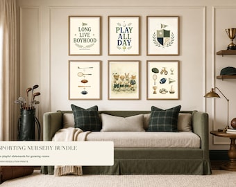 Sports Nursery Print Set of 6, Vintage Golf and Tennis Baby Boy Wall Art, Preppy Sage Green Decor, Printable Download