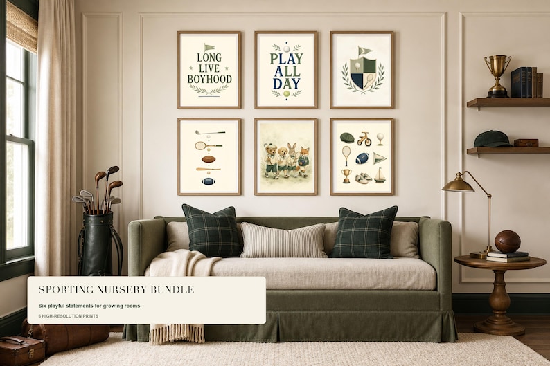 May include: A set of six framed wall art prints featuring sports-themed illustrations, including a shield crest, a group of anthropomorphic animals, and various athletic equipment like tennis rackets, footballs, and golf clubs on a cream background.