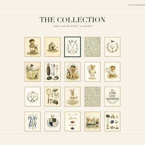 May include: A collection of twenty digital art prints titled The Collection Long Live Boyhood, featuring illustrations of teddy bears, rabbits, and dogs engaged in sports like golf and tennis, alongside patterned backgrounds and text-based designs.