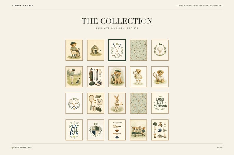 May include: A collection of twenty digital art prints titled The Collection Long Live Boyhood, featuring illustrations of teddy bears, rabbits, and dogs engaged in sports like golf and tennis, alongside patterned backgrounds and text-based designs.