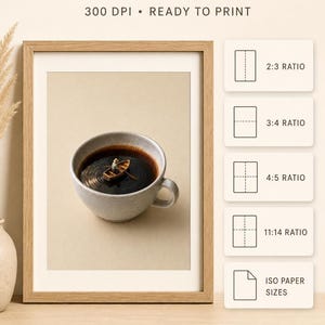 Informational graphic explaining the digital download details with icons and ratios for five file sizes alongside a framed mockup of the art print.